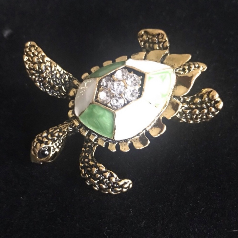 Gold Turtle Brooch with Green and White Enamel and Crystal Accents